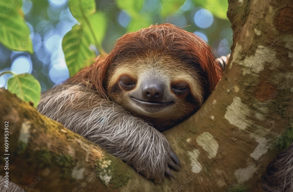 Fototapeta premium Cute brown sloth sleeping on the tree