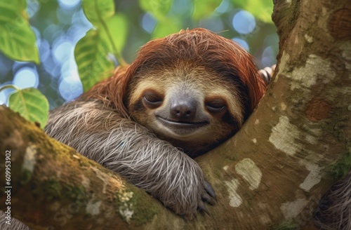 Cute brown sloth sleeping on the tree photo