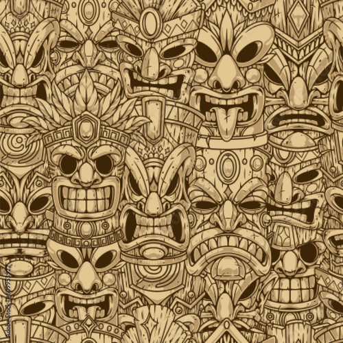 Tiki masks monochrome seamless pattern