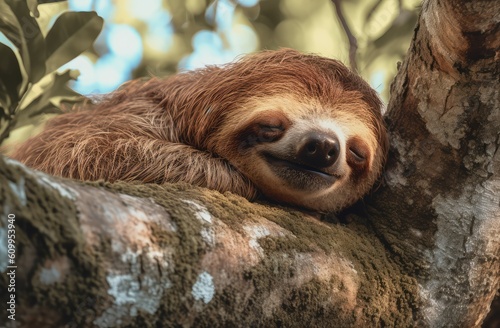 Cute brown sloth sleeping on the tree