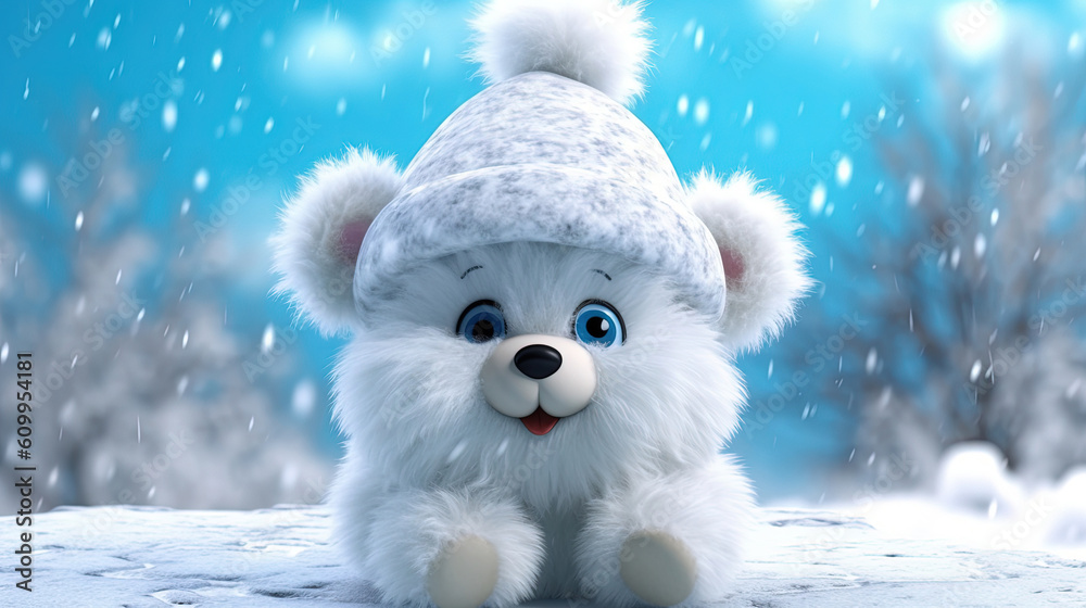 Fototapeta premium Cute baby white bear wearing a woolly hat in winter