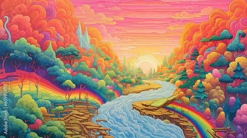 Waterfall of rainbows an _fun. Colorfull pastel colors. Fantasy planet. 