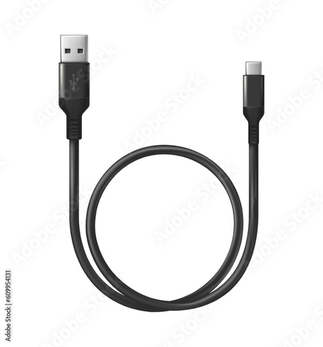3d realistic vector icon. Black charging usb cabel. Isolated on white. photo