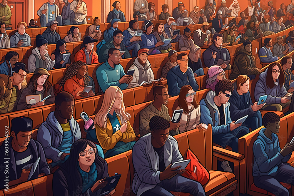 digital illustration that showcases a diverse group of students entering a contemporary lecture hall. Back to university, ai generative