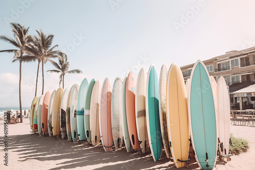 Different surf boards in stack on sandy tropical beach. Outdoors. Sunny days. Surf boards for beginner and advanced. Generative AI.