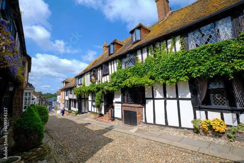 Rye  East Sussex  England  Europe - May 18  2023  The Mermaid - ancient hotel on a cobblestoned street. A small English medieval coastal town on a sunny day.