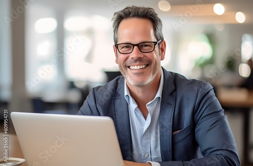 happy businessman, in front of his laptop, work portrait, entrepreneur, expert, management photo
