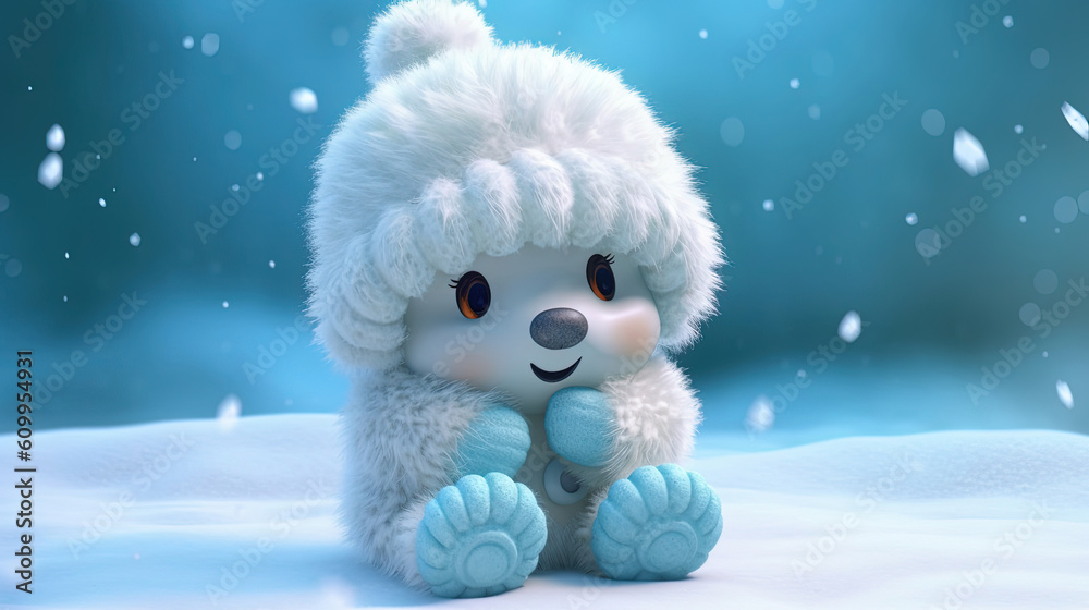 Cute baby white bear wearing a woolly hat in winter Cute baby white bear wearing a woolly hat in winter