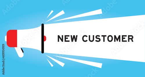 Color megaphone icon with word new customer in white banner on blue background