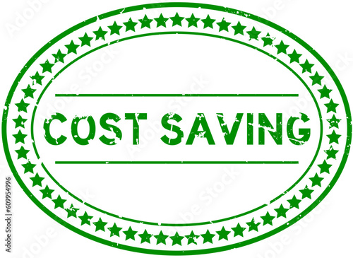 Grunge green cost saving word oval rubber seal stamp on white background