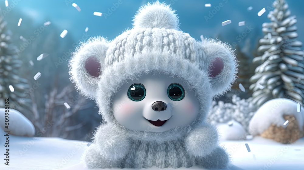 Cute baby white bear wearing a woolly hat in winter Cute baby white bear wearing a woolly hat in winter