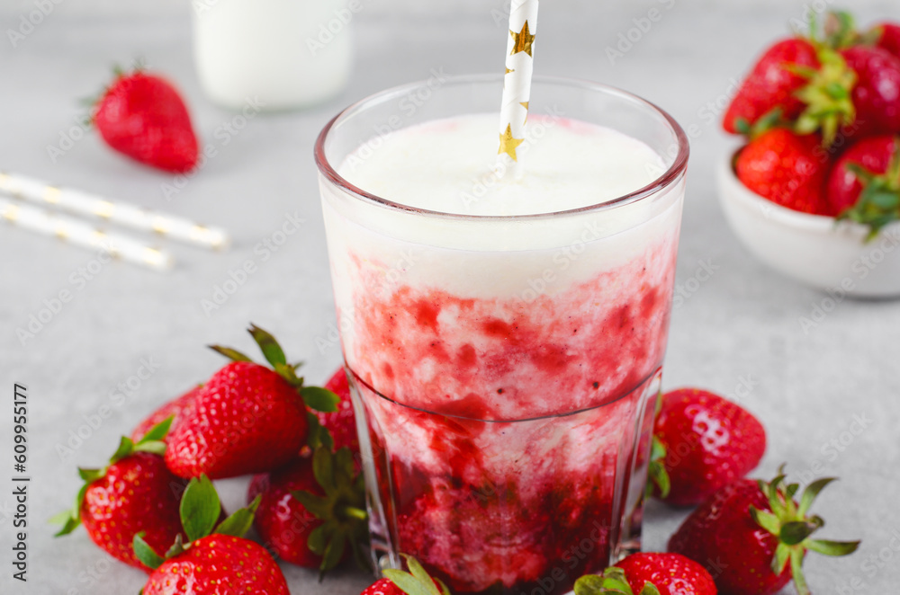 Korean Strawberry Milk, Strawberry Milkshake with Pureed Fresh Berries, Refreshing Drink on Bright Background Korean Strawberry Milk, Strawberry Milkshake with Pureed Fresh Berries, Refreshing Drink on Bright Background