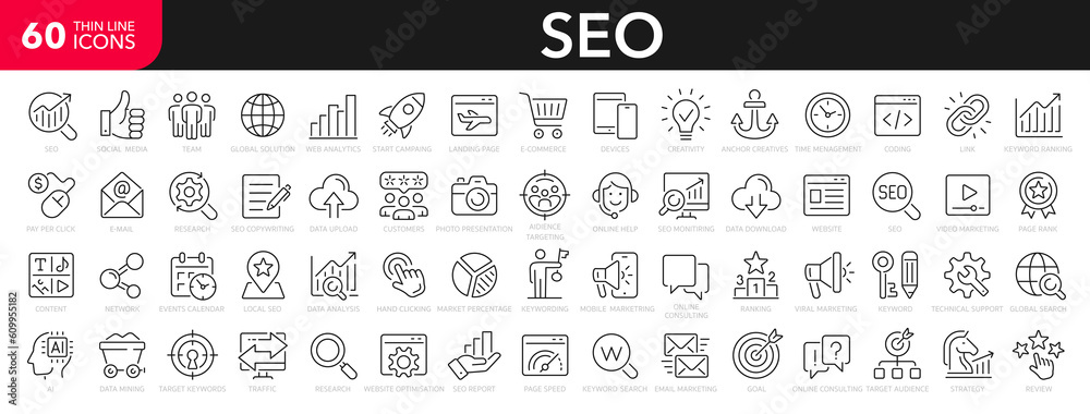 SEO line icons set. Search Engine Optimization symbol collection. Search, content, analysis, traffic, link, development, optimization, - stock vector.