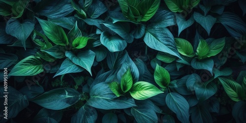Plants leaves moody background, green blue green dark foliage texture