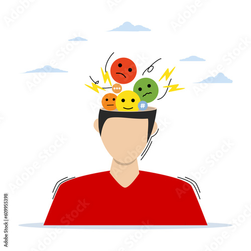 Mood disorder, bipolar emotion turn metal problem, depression person concept. Confused inner feelings that lead to stress, anxiety and life crises. Suffering contrasts positive and negative states.