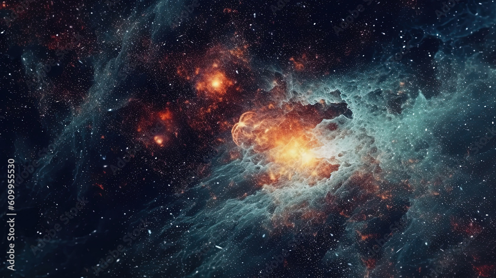 Deep space cosmos blowing away and turning into pointillism dust points with nebula on the background