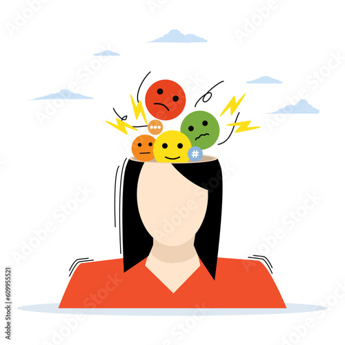 Mood disorder, bipolar emotion turn metal problem, depression person concept. Confused inner feelings that lead to stress, anxiety and life crises. Suffering contrasts positive and negative states.