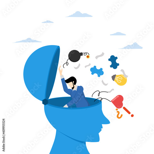 Tidy up your mind, improve creative thinking ability, free memory concepts, clear your brain to regain focus, declutter ambitious entrepreneur, clean and remove all messy worries from his big head.