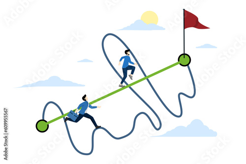 Entrepreneurs compete with smart people walking on straight paths and others on messy roads. Easy ways or shortcuts to win business success or difficult roads and obstacles concept. vector.