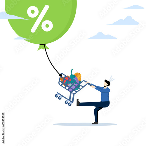 Food price crisis, rising consumer goods prices. Inflation reflects higher prices for goods and services. men try to catch shopping carts full of food that fly away. flat vector illustration.