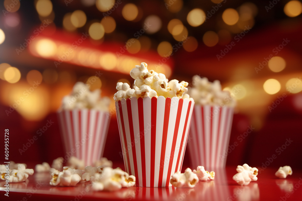 Popcorn snack in striped buckets, cinema food concept.
