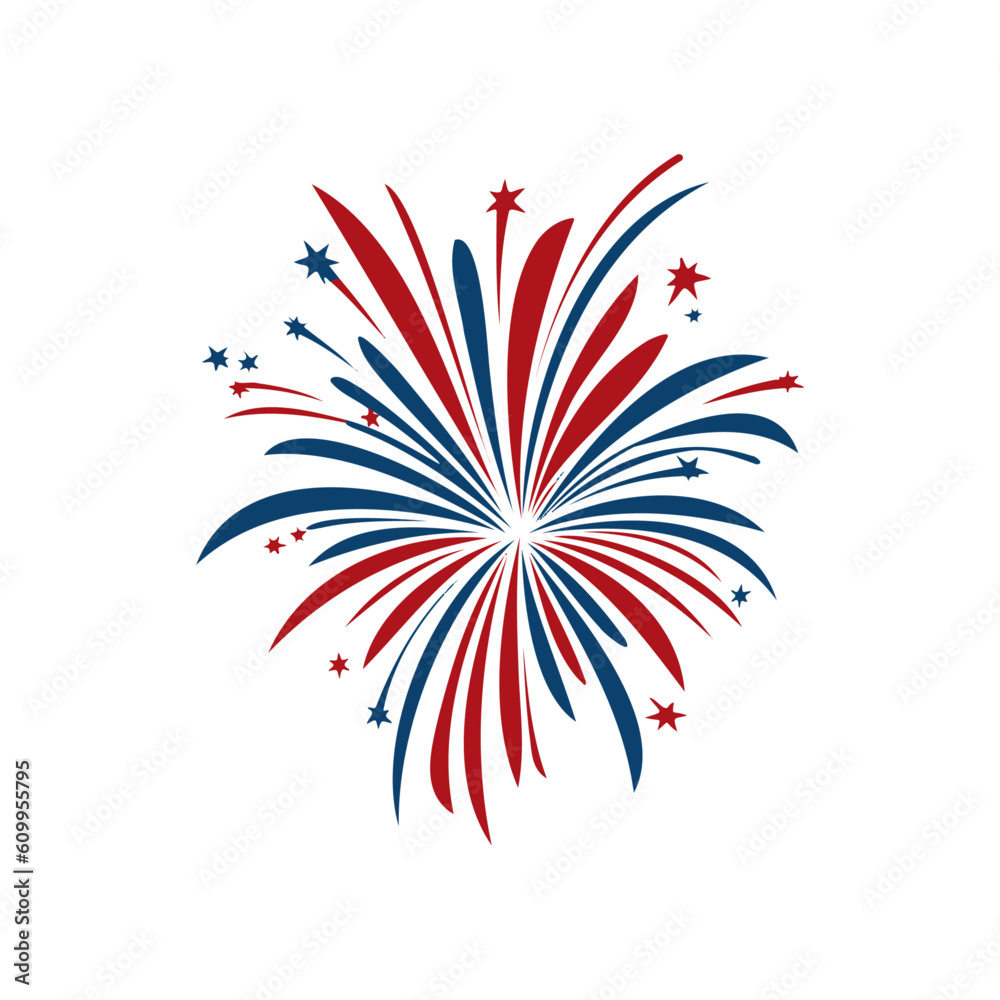 Firework, celebrate USA holiday Independence day, fourth July. American  flag colors. Congrats, 4th of July. Vector illustration. Stock Vector