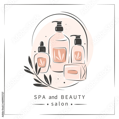 Spa and beauty salon. Set of products for body and hair care, massage. Beauty salon logo. Vector illustration