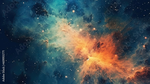 Deep space cosmos blowing away and turning into pointillism dust points with nebula on the background