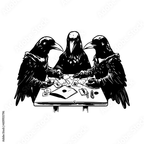 Raven meeting vector art, isolated on white background, vector illustration.