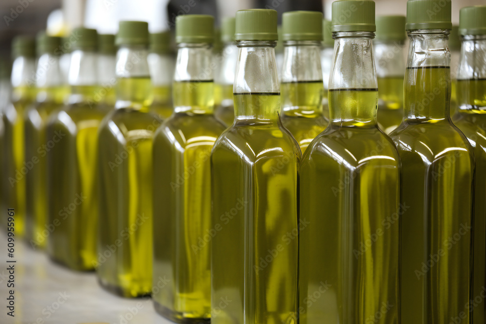 Olive oil bottles. 3D illustration digital art design, generative AI