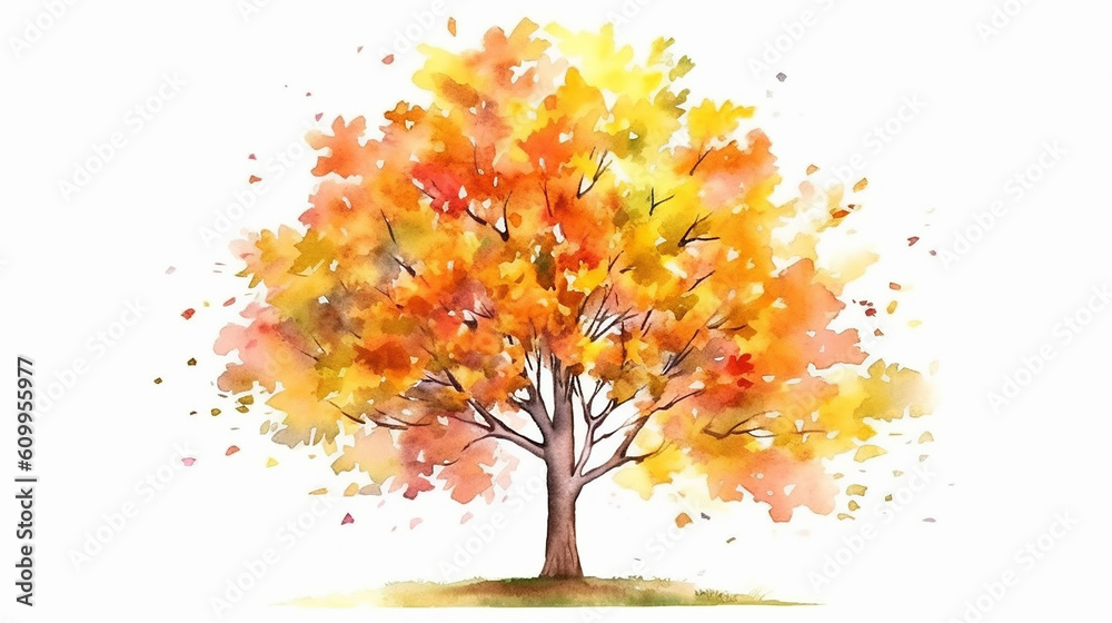 Fototapeta premium Autumn tree watercolor tree botanical illustration. Generative AI