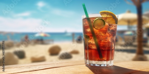 Refreshing mokjito with beach background 