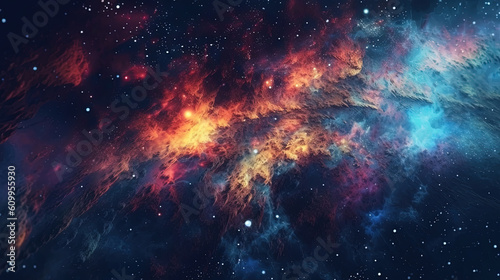 Deep space cosmos blowing away and turning into pointillism dust points with nebula on the background