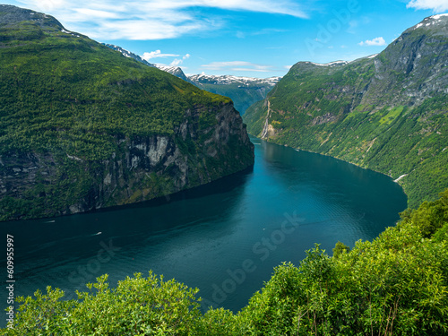 Geirangerfjord. Geiranger in summer in Norway. View on mountain and ship.