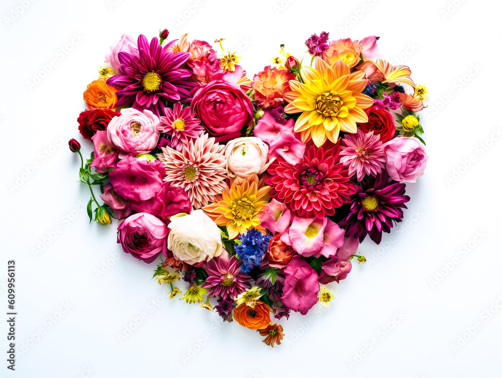 Heart made of beautiful flowers on light background. Bouquet of flowers in the shape of a heart. Ai generative Heart made of beautiful flowers on light background. Bouquet of flowers in the shape of a heart. Ai generative