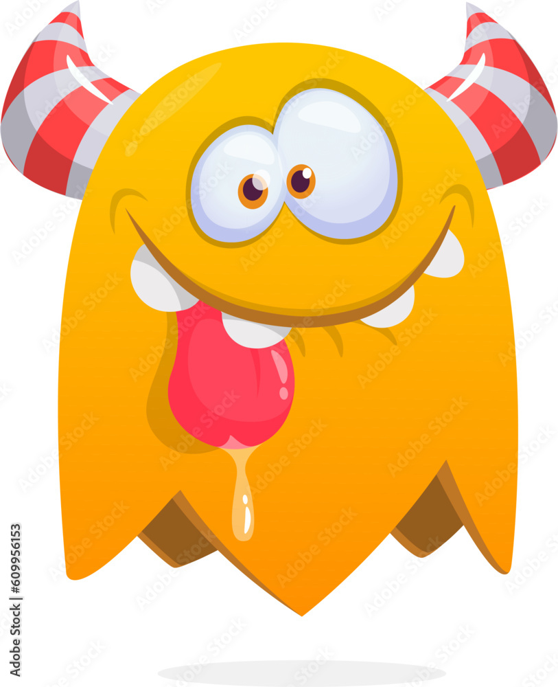 Funny cartoon monster waving hands and showing tongue. Halloween vector illustration. Great for package or party decoration