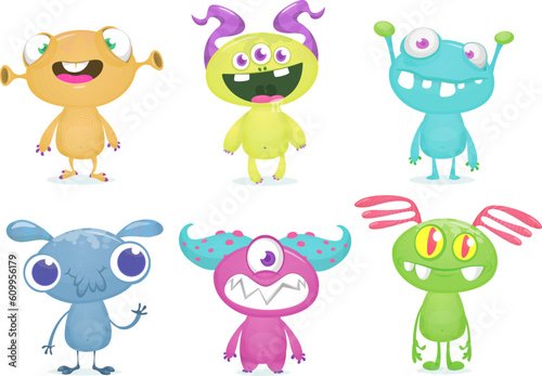 Funny cartoon monsters  set: monster yeti troll gremlin and alien creatures. Halloween vector design isolated