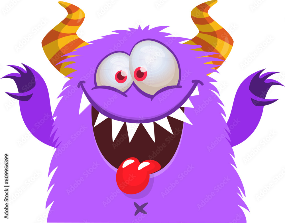 Funny cartoon monster waving hands and showing tongue. Halloween vector illustration. Great for package or party decoration Funny cartoon monster waving hands and showing tongue. Halloween vector illustration. Great for package or party decoration