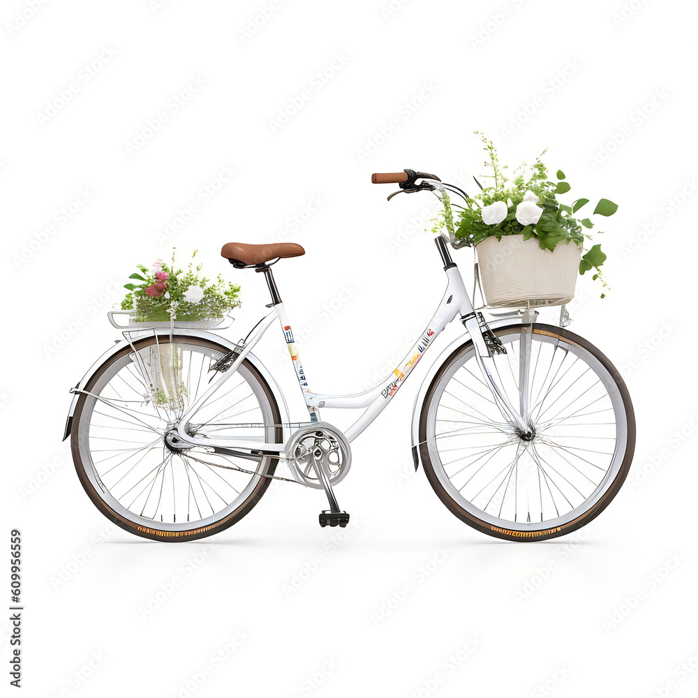 bicycle with flowers, pedal, white, old, retro, vector, transport, vehicle,