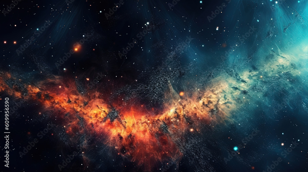 Fototapeta premium Deep space cosmos blowing away and turning into pointillism dust points with nebula on the background