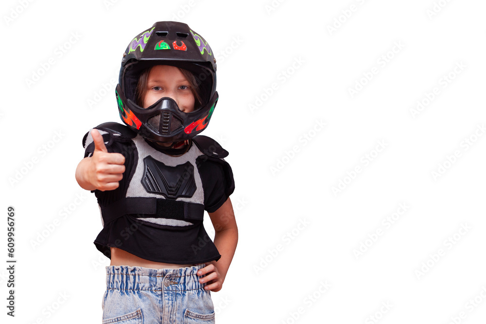 Girl wearing helmet and bib moto gear for motocross standing smiling and  showing thumb up photo for advertisement of moto school, motorcycle rental  or delivery service on isolated background Stock Photo