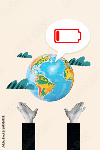 Fototapeta Naklejka Na Ścianę i Meble -  Vertical creative photo illustration abstract collage of arms raising up planet earth low battery alarm isolated pastel color background