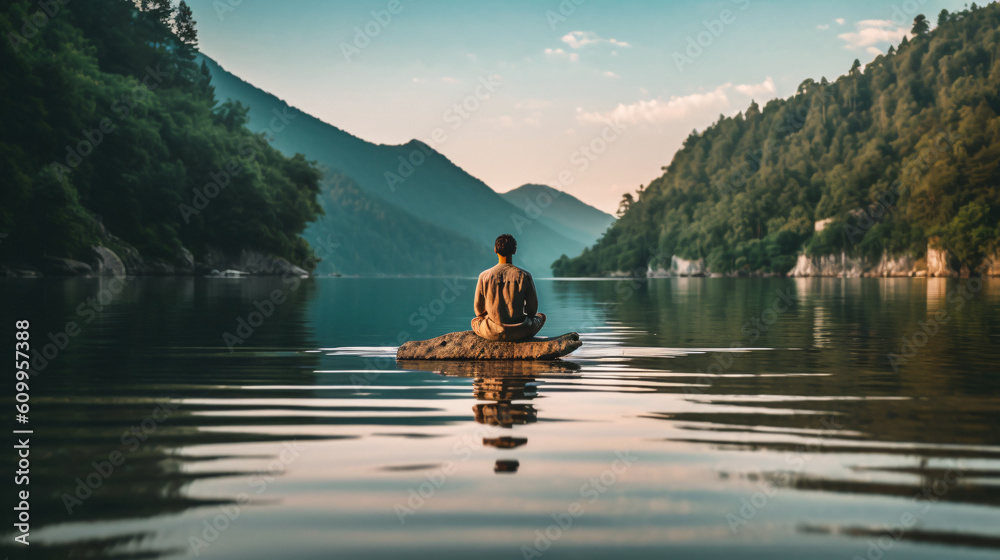 Man sitting on a stone in the middle of a serene lake, meditating. Connecting with nature, solitude and peace. 