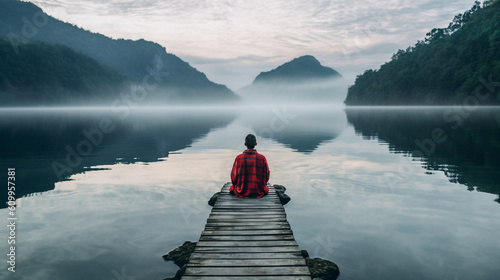 Person meditating on a wooden jetty by the lake with mist over water in the early morning. Mindfulness and spiritual balance. 
