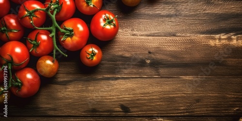Tomatoes on old wooden table, fresh red tomato vegetables flat lay with copy space