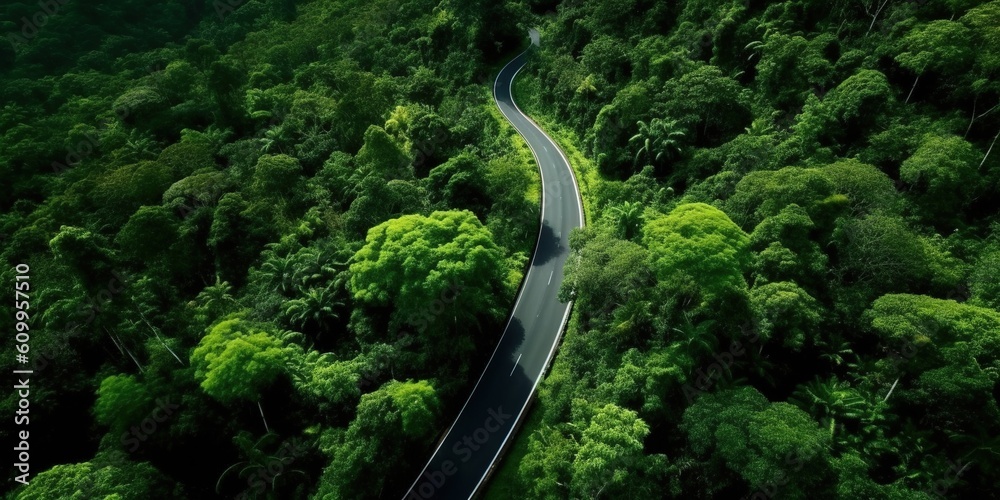 Aerial view road in the middle forest,
