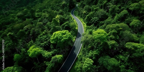 Aerial view road in the middle forest, © Svitlana