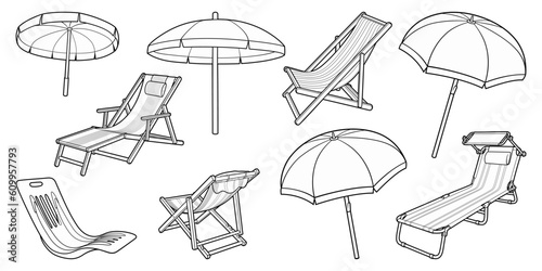 Cartoon set of doodle sun loungers and parasols.