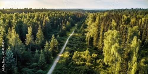 View of the morning forest with a path. Aerial view. Panoramic shot.