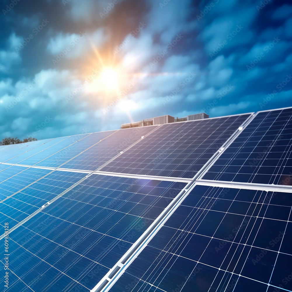 solar panels and wind turbines generating electricity in power station green energy renewable with blue sky background created with Generative Ai technology solar panels and wind turbines generating electricity in power station green energy renewable with blue sky background created with Generative Ai technology